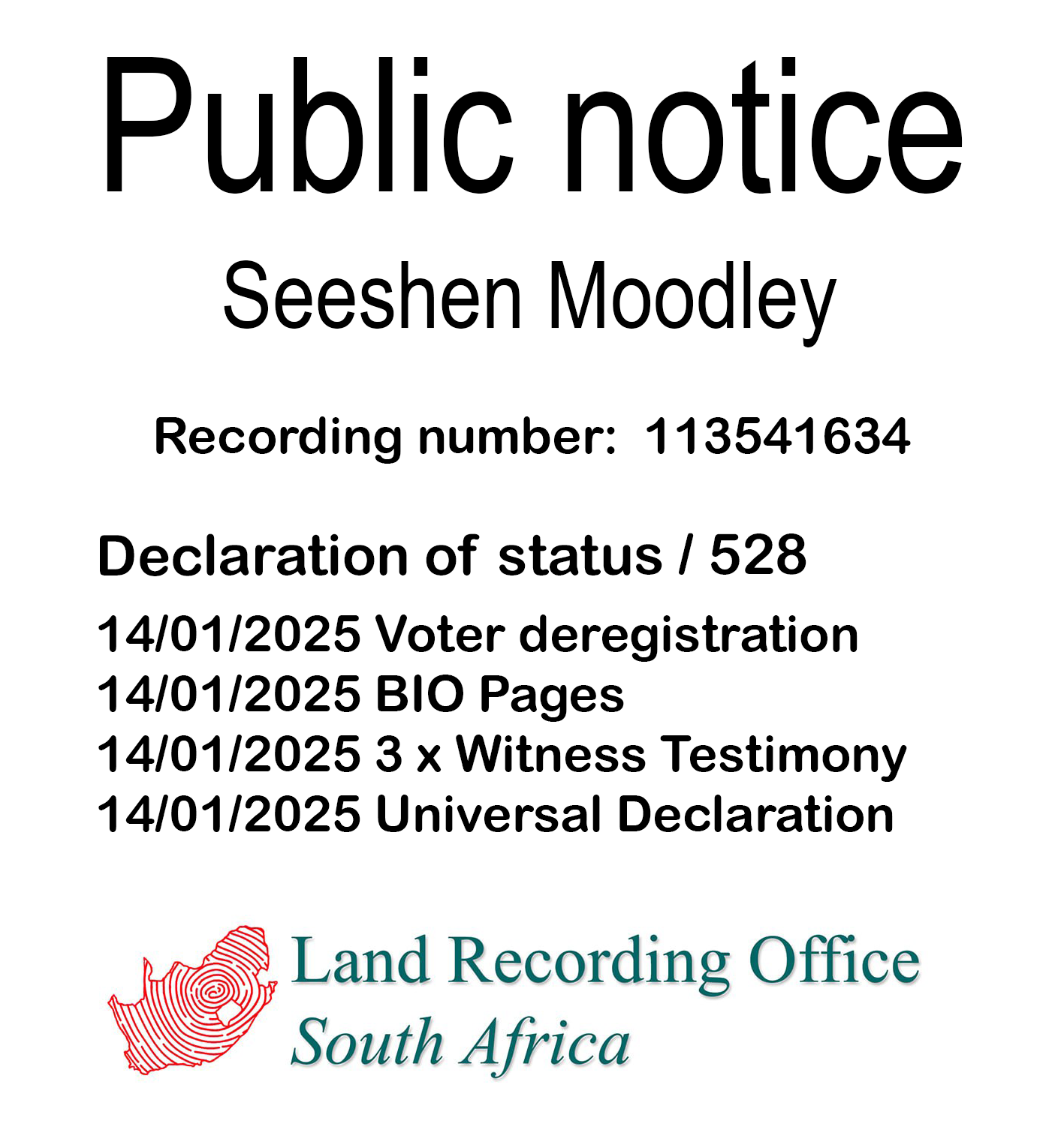 Public notice Seeshen Moodley Recording number 113541634